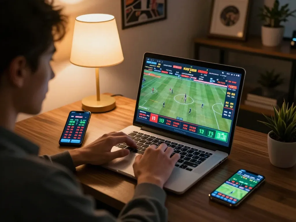 Engaged player betting on live games with Nhà cái 8LIVE in a cozy home setting, showcasing strategy.