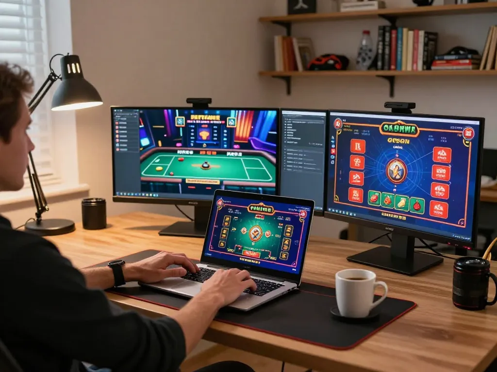 Player enjoying sun win online poker game with cozy gaming setup and vibrant visuals.