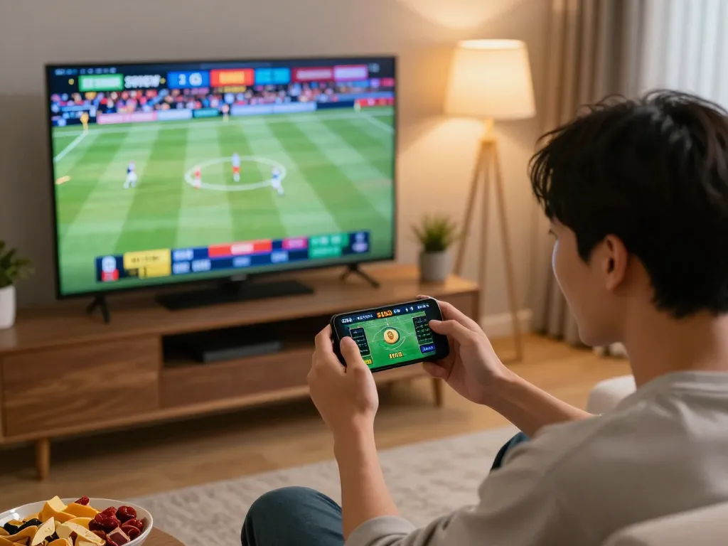 Exciting sports betting moment at https://bshbet.com/ with smartphone use during live game.
