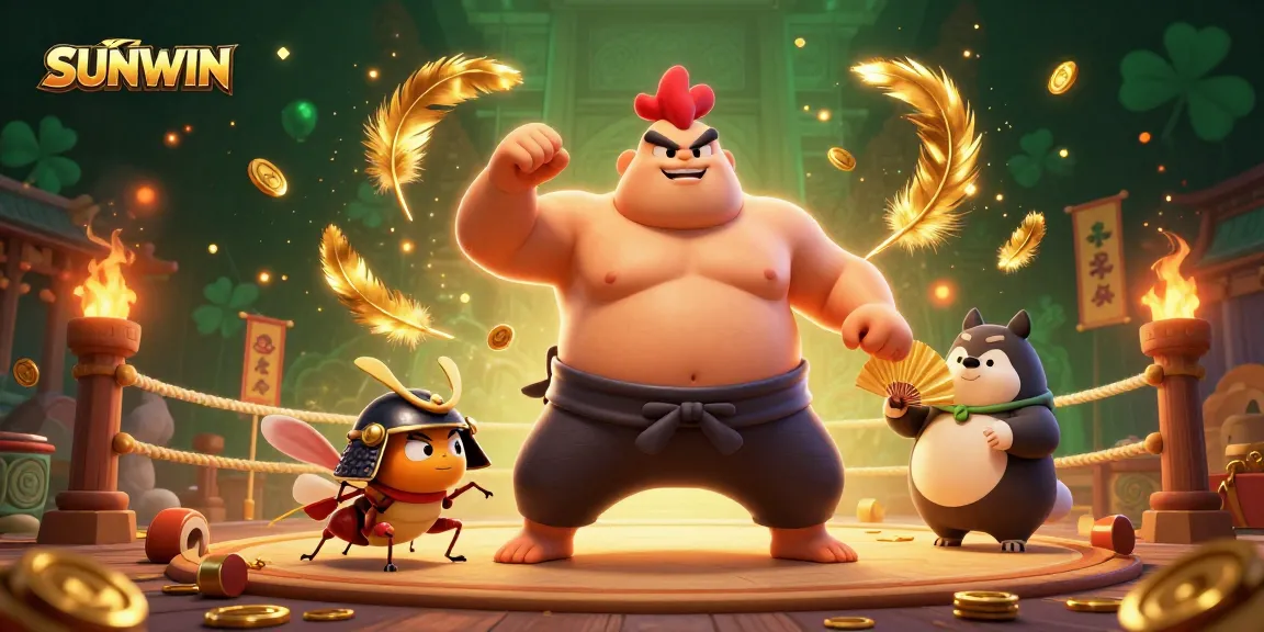 SUNWIN showcases an epic scene of a powerful sumo wrestler rooster and fierce samurai cricket in a dynamic casino-themed arena.