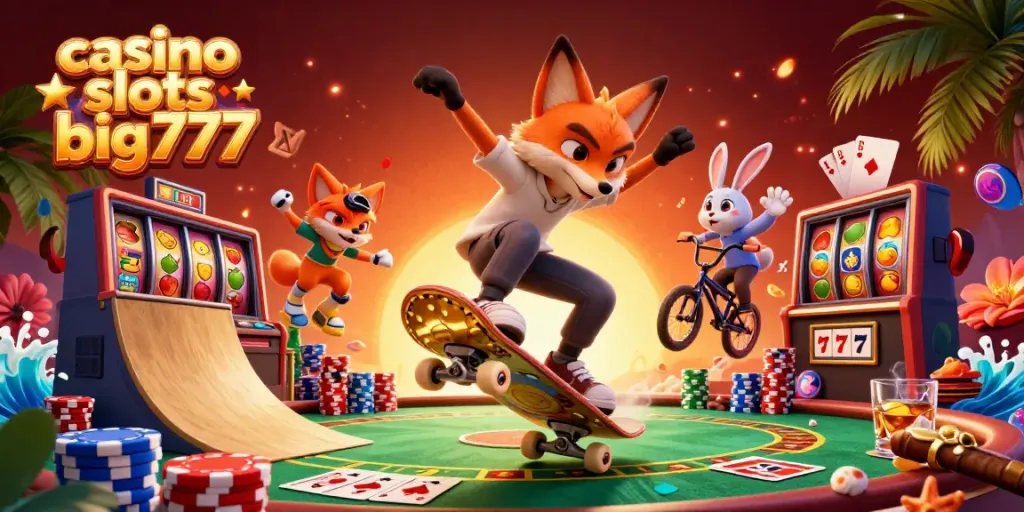 Engaging scene with casino slots big777 featuring a fox skateboarder and a BMX rabbit surrounded by vibrant gaming elements.