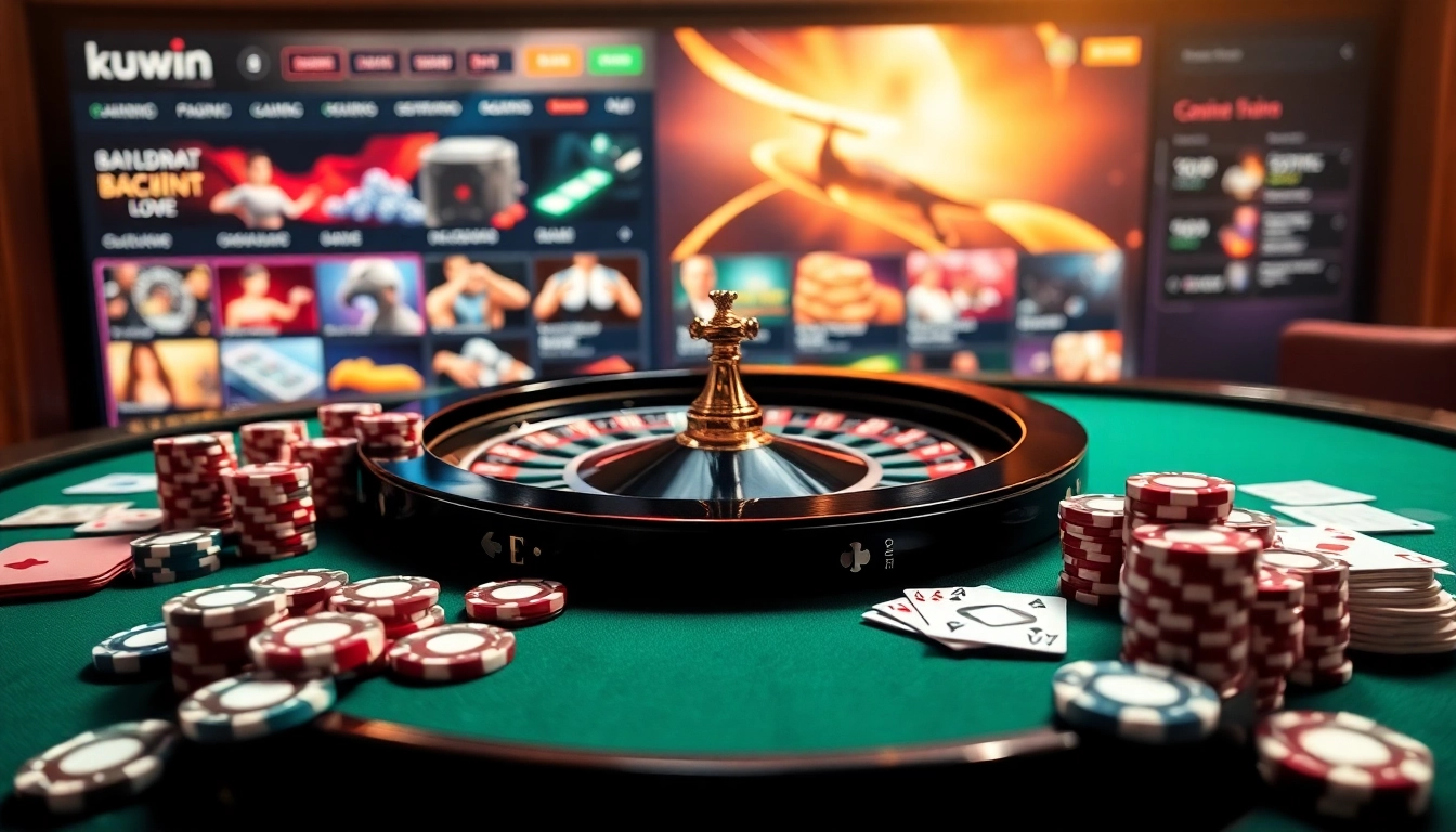 Kuwin.com offers an exciting casino experience showcasing luxury poker chips and vibrant gaming tables.