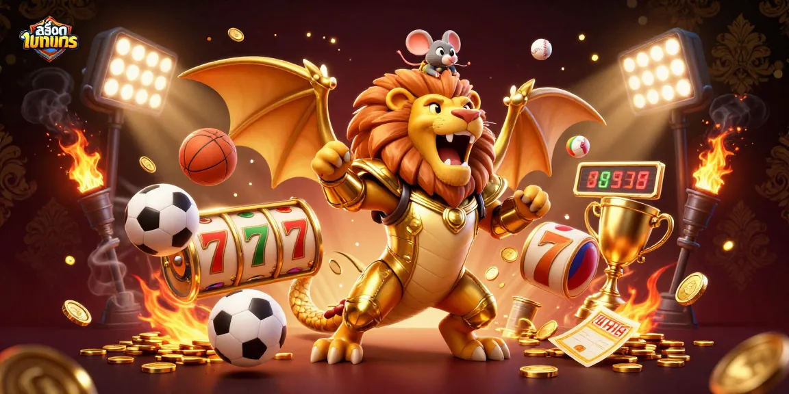 Play สล็อตทดลอง with a thrilling 3D chimera creature in golden armor amidst dynamic casino action.