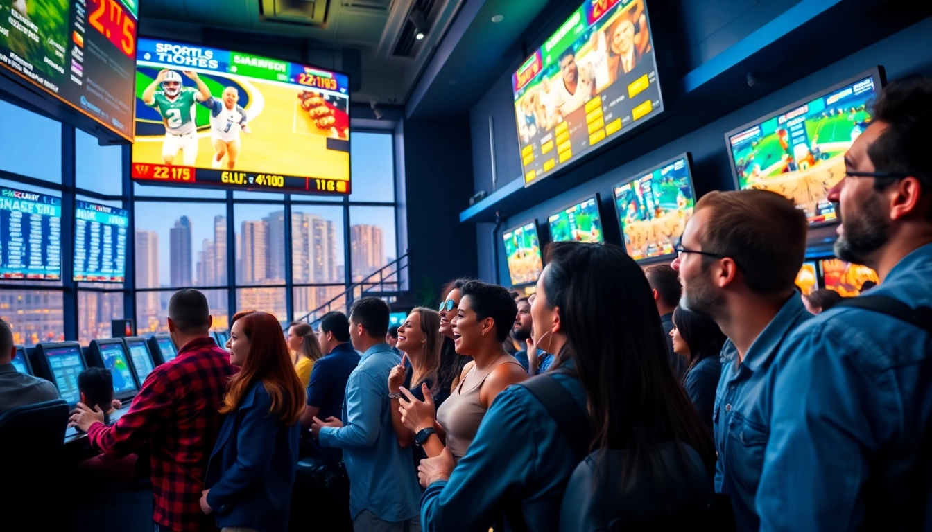 Engaging atmosphere of sports betting in California with enthusiastic bettors and vibrant screens.
