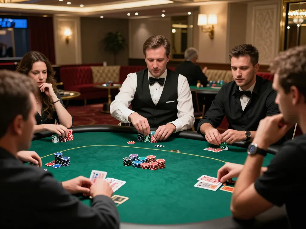 Bet168 poker players strategizing in an upscale casino, chips stacked, intense focus.