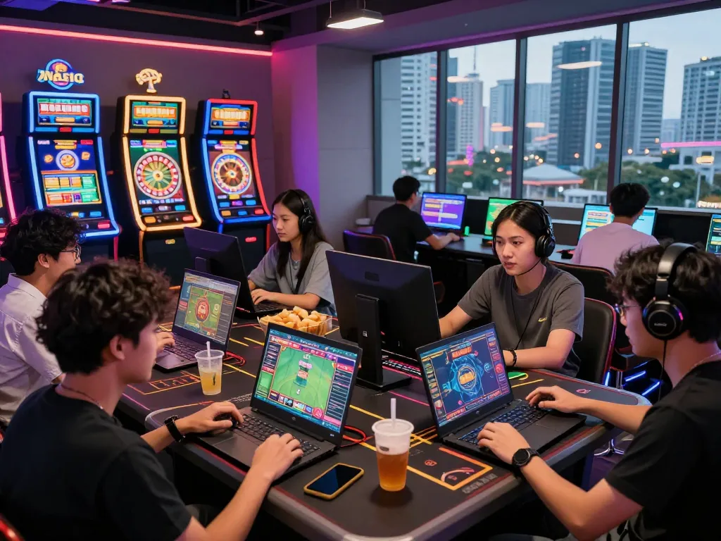 Friends enjoying competitive online gaming at autowin88 platform with vibrant casino atmosphere.
