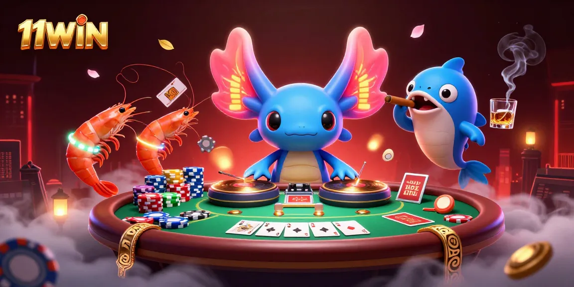 11WIN engages players with vibrant casino action featuring a neon axolotl DJ and dynamic poker elements.