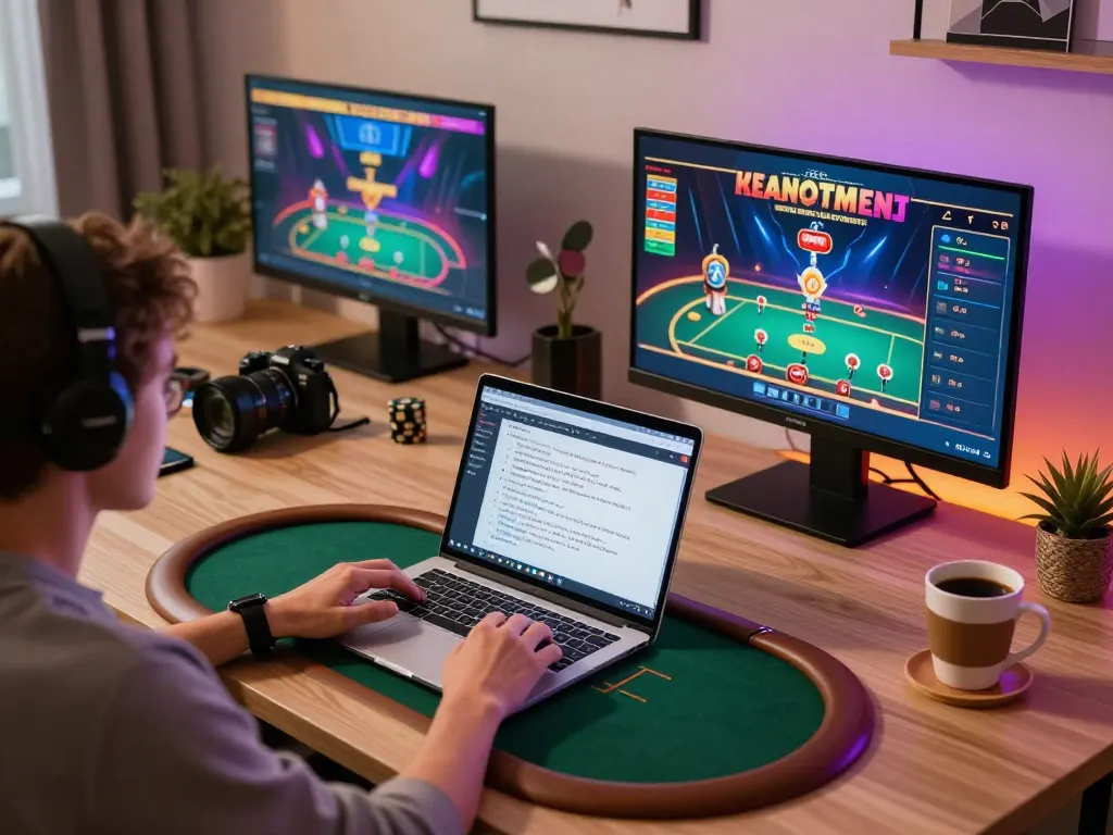 Engaging in a poker game on 789WIN with strategic notes and a modern gaming setup.