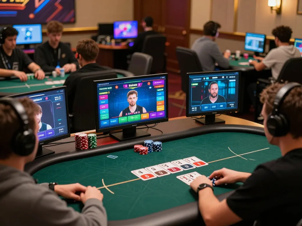 Engaging online poker tournament scene showcasing players at their devices with colorful giường bệnh nhân graphics.