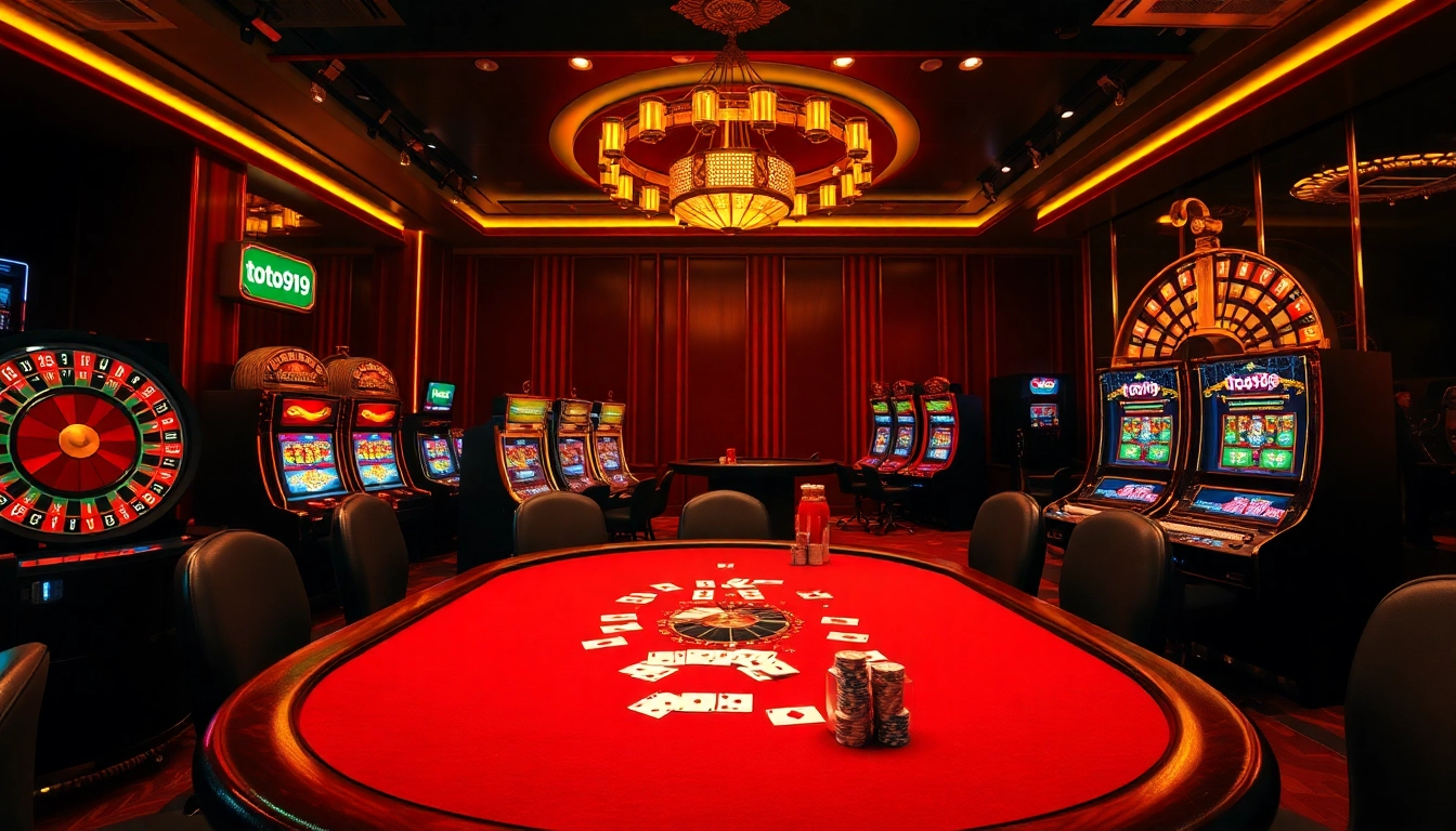 Excited players enjoy gaming at a lavish toto919 casino, featuring poker tables and slot machines.