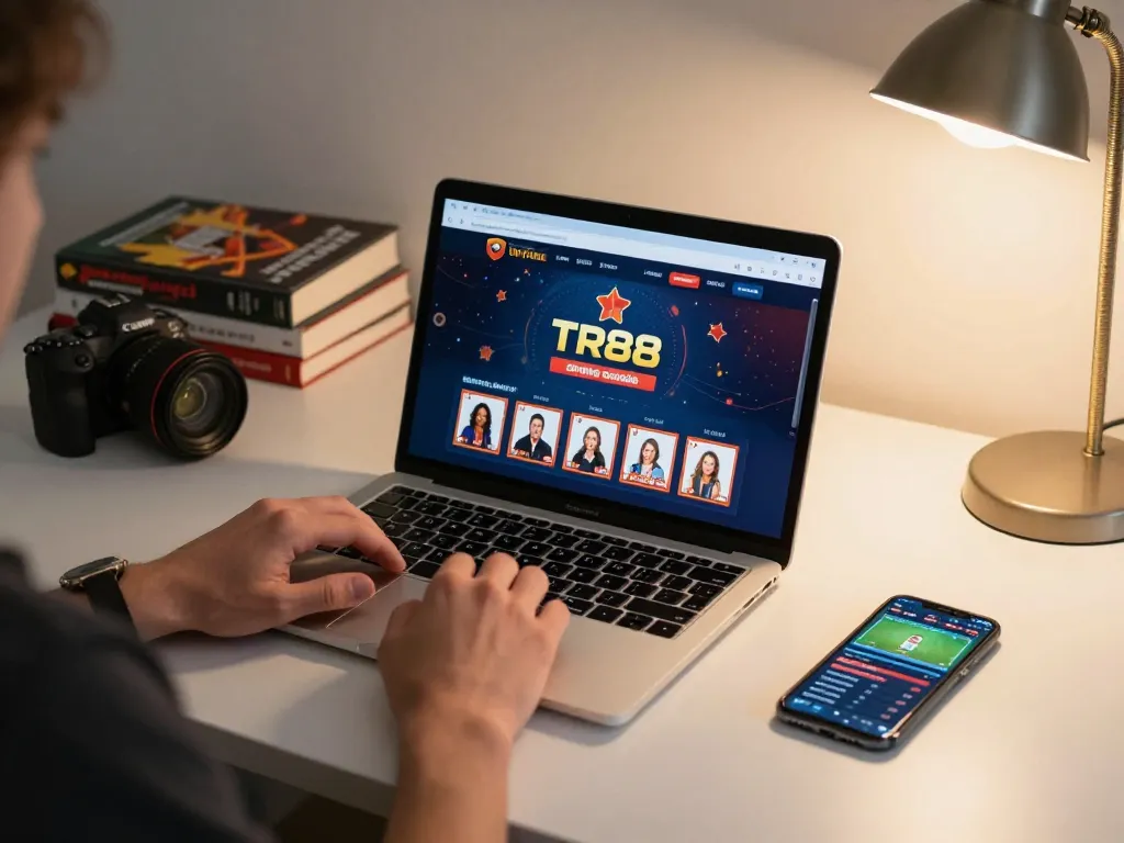 Players engaging with TR88 online casino, focused on strategic poker gameplay and sports betting odds, in a cozy home setup