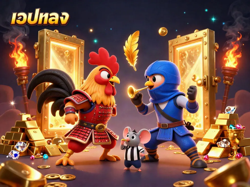 Experience excitement with เว็บตรง featured in a dynamic rooster standoff surrounded by rich casino elements.
