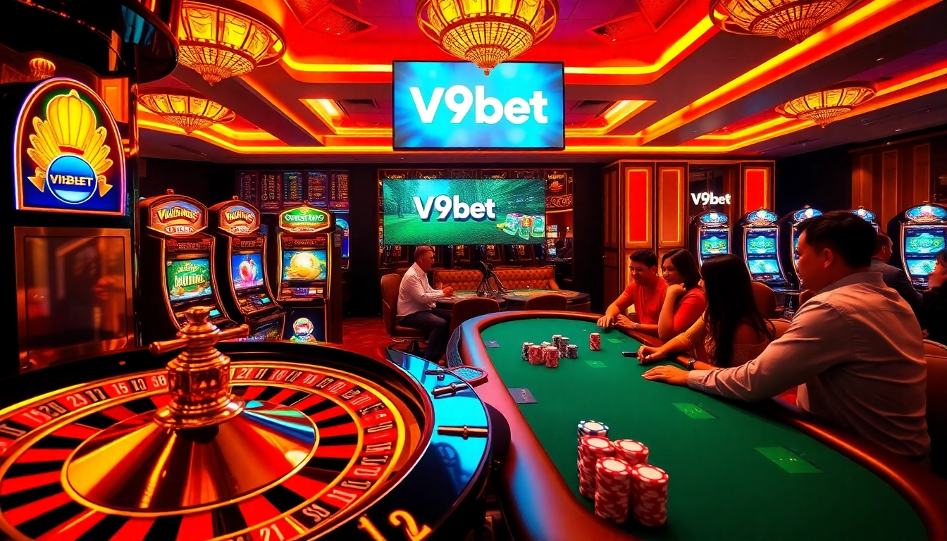 Engaging casino scene with players enjoying V9bet's thrilling games at illuminated tables.