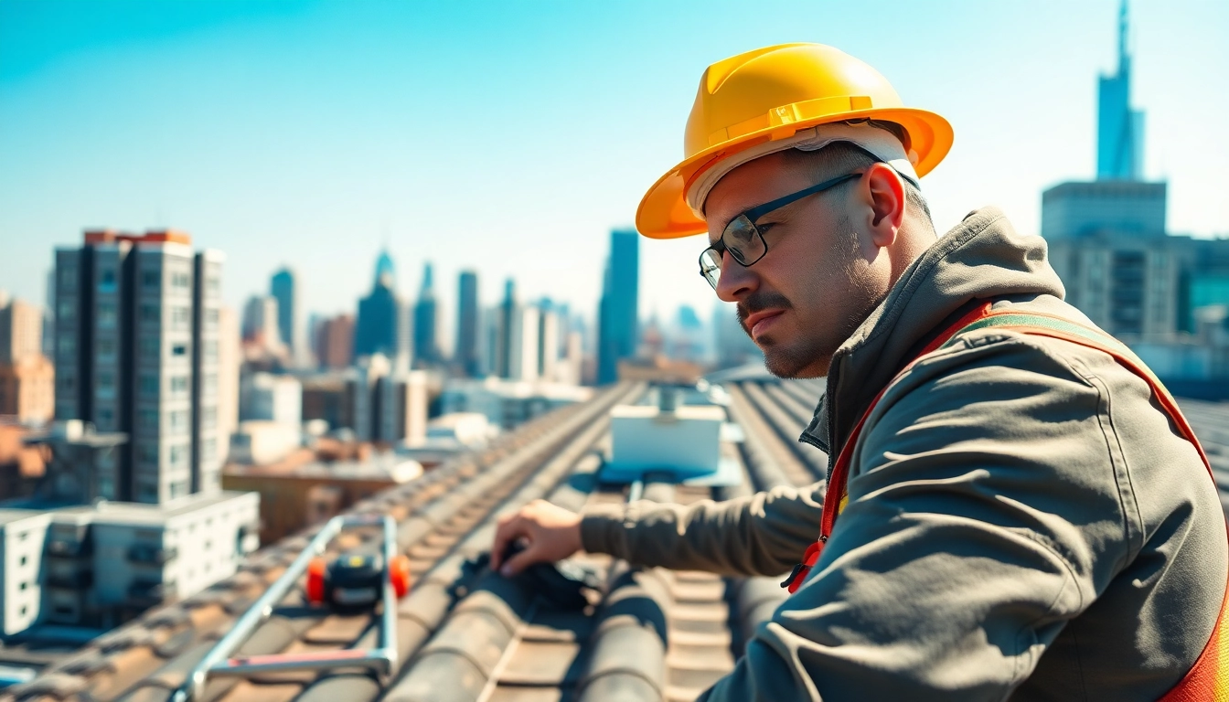 Roofing contractor examining a rooftop, showcasing expertise and safety.