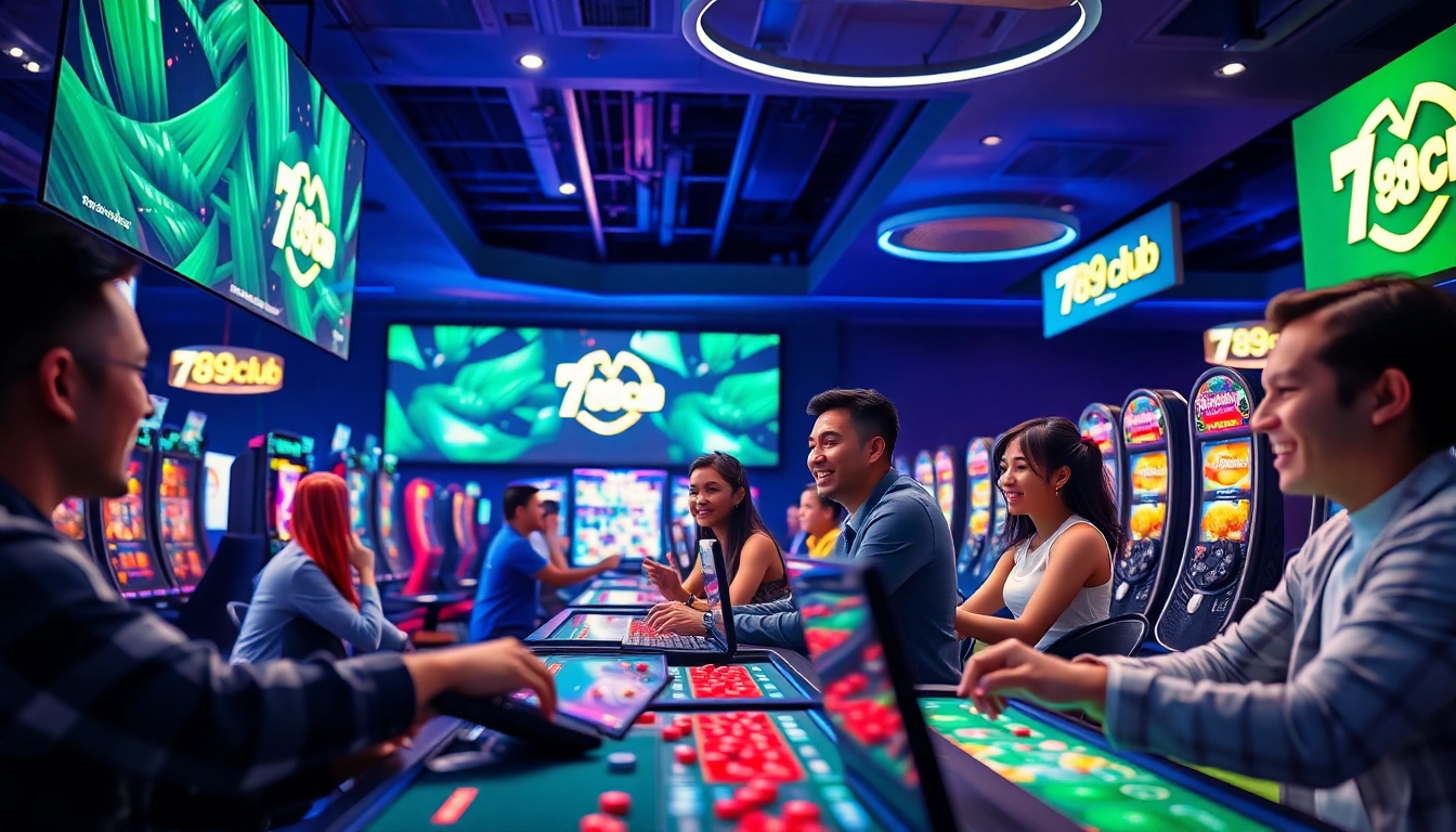 Dynamic gaming scene with players engaged in 789club online games, showcasing vibrant interface and excitement.