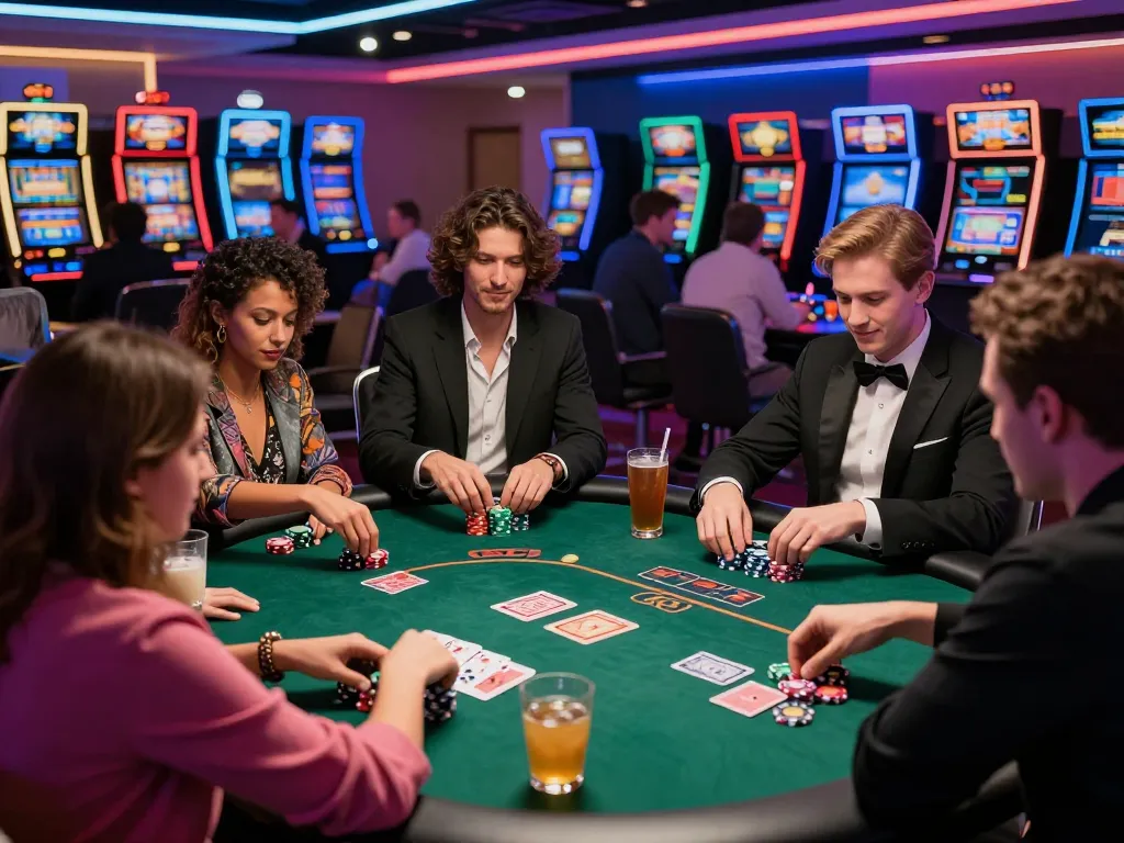Exciting casino gaming scene at TG88 with diverse players enjoying poker amidst vibrant lights.