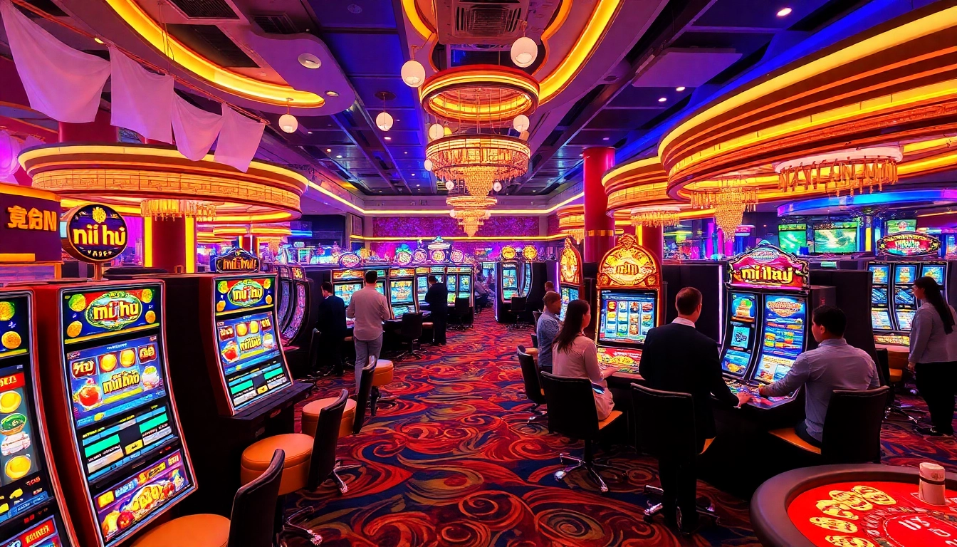 Exciting scene with slot machines showing nổ hũ, players winning big in a vibrant casino.