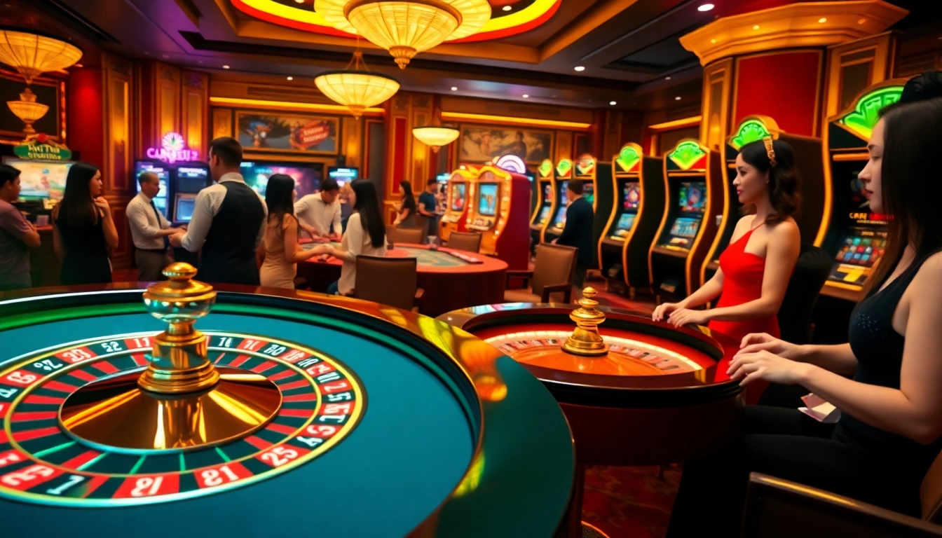 Exciting casino scene with roulette and poker games at PS99 COM.
