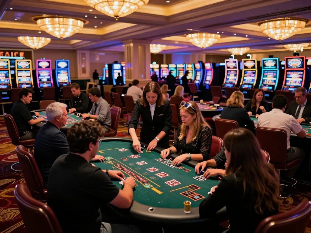Players engaging in strategic blackjack gameplay at FC88 casino table with vibrant casino atmosphere