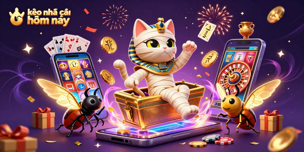 Engage with kèo nhà cái hôm nay as an Egyptian mummy cat springs from a golden sarcophagus in a vibrant casino.