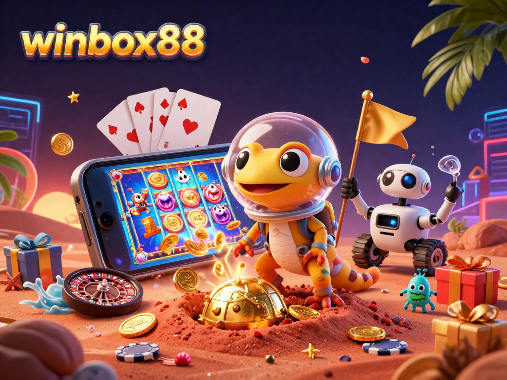 Engage with winbox88's vibrant 3D casino scene featuring a Martian gecko and a rich array of games.