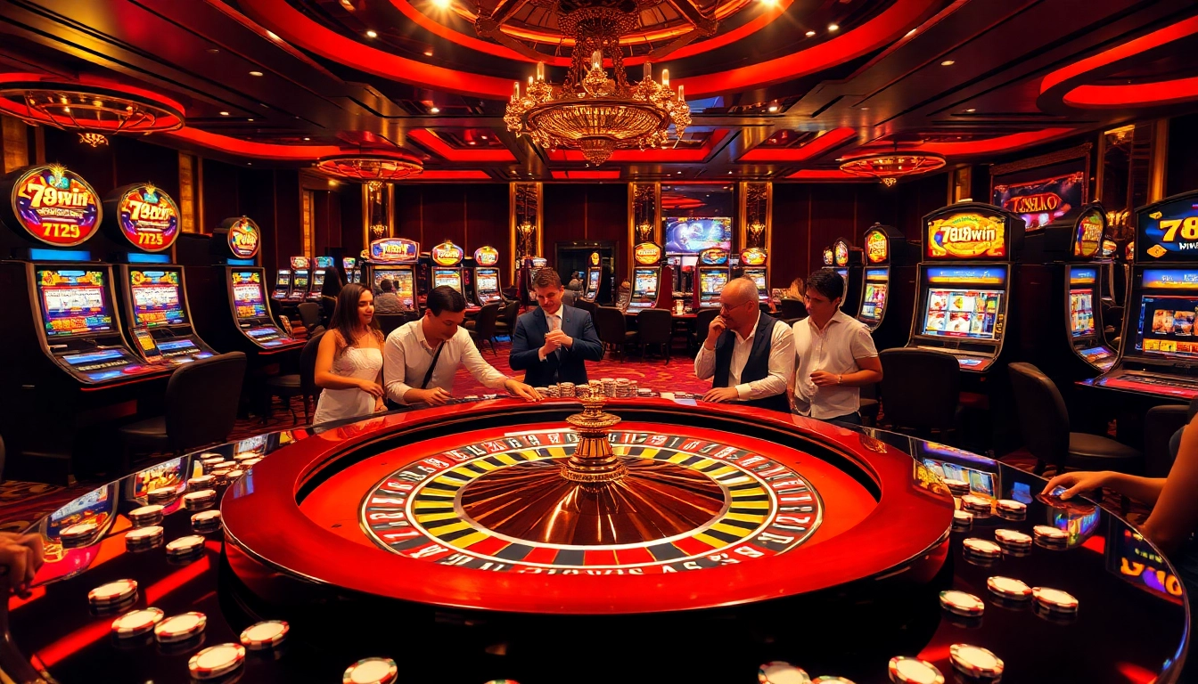 Exciting casino scene featuring 789win branding with players engaged in betting at roulette and slot machines.