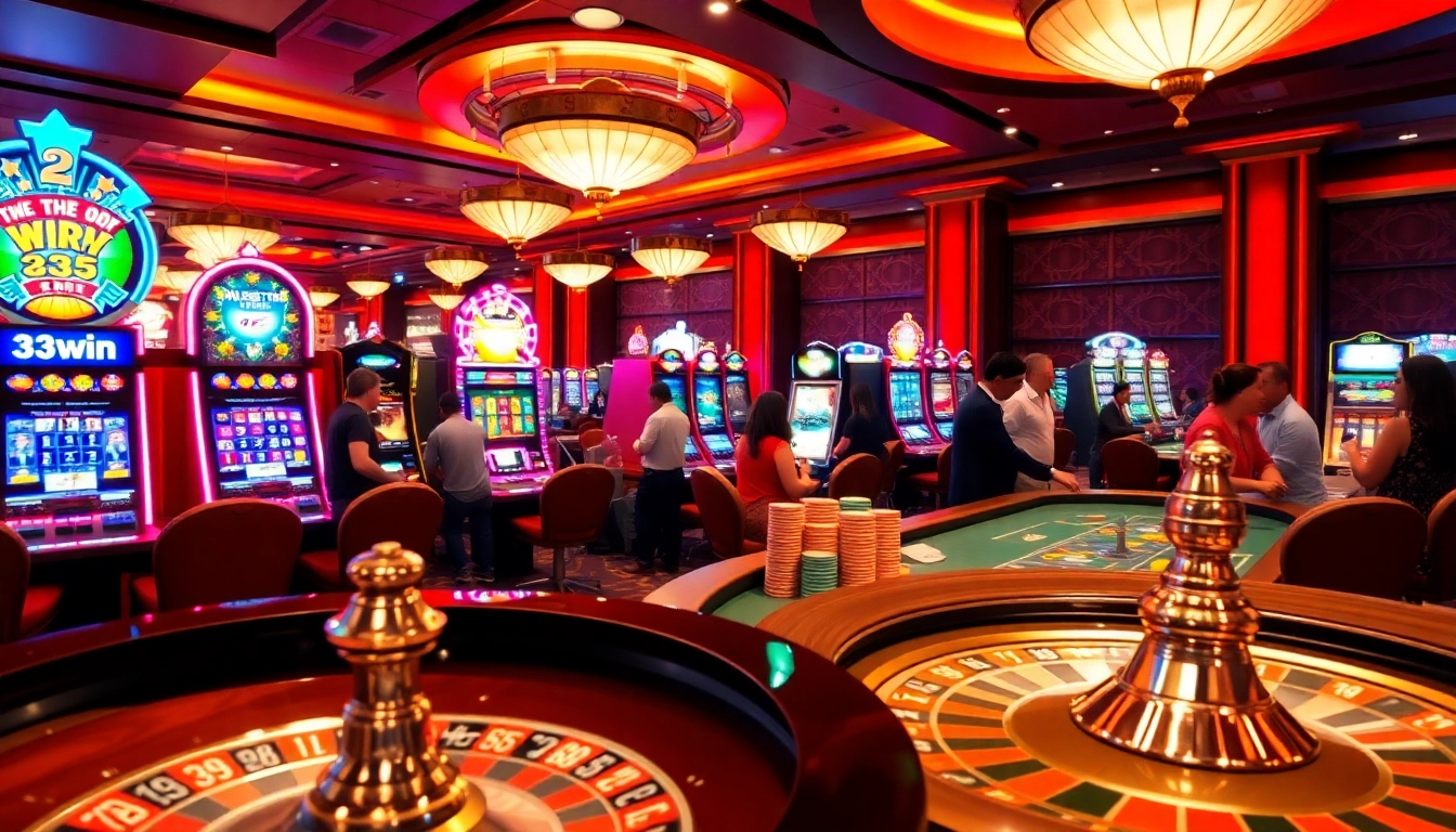 Experience the excitement of 33win with vibrant casino interiors and thrilling games.
