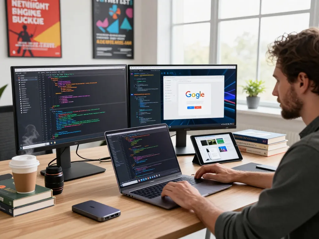 Dynamic tech workspace with a developer using 谷歌浏览器 on dual monitors, reflecting a vibrant coding environment.