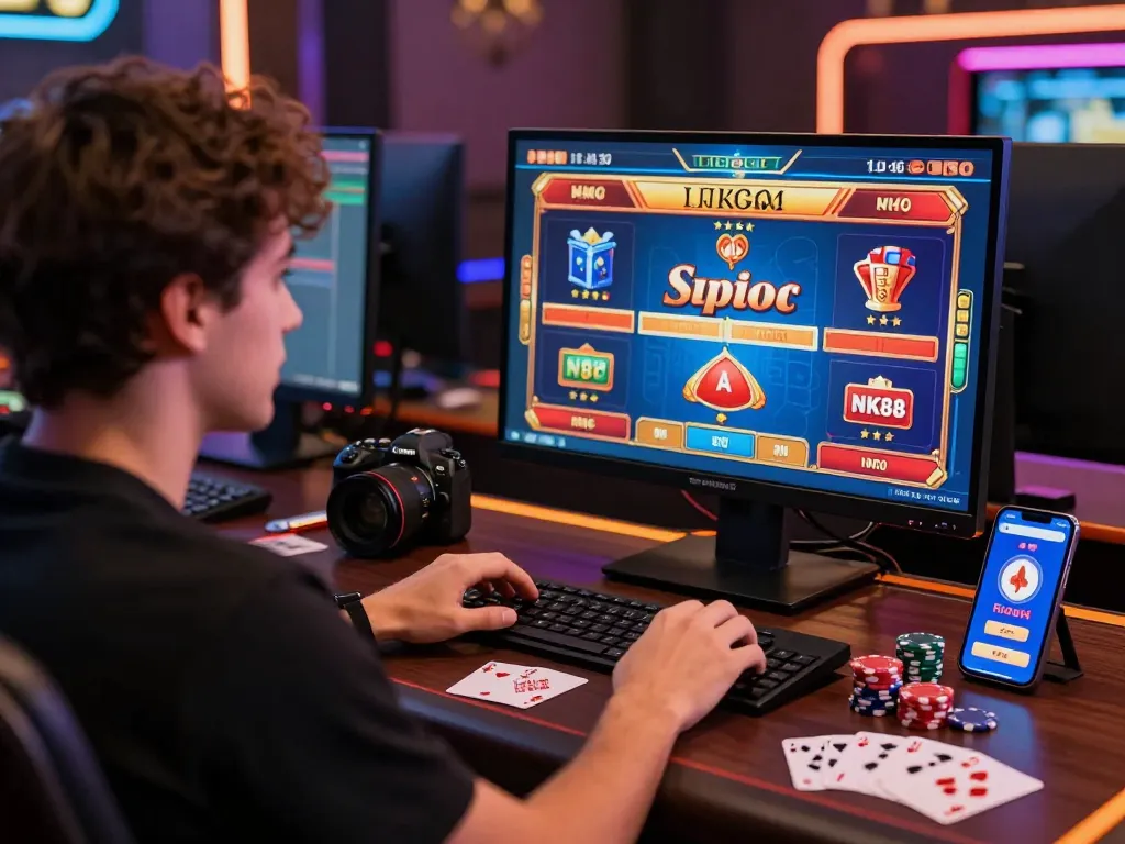 Excited player engaging with NK88 online casino games in a modern gaming setup.