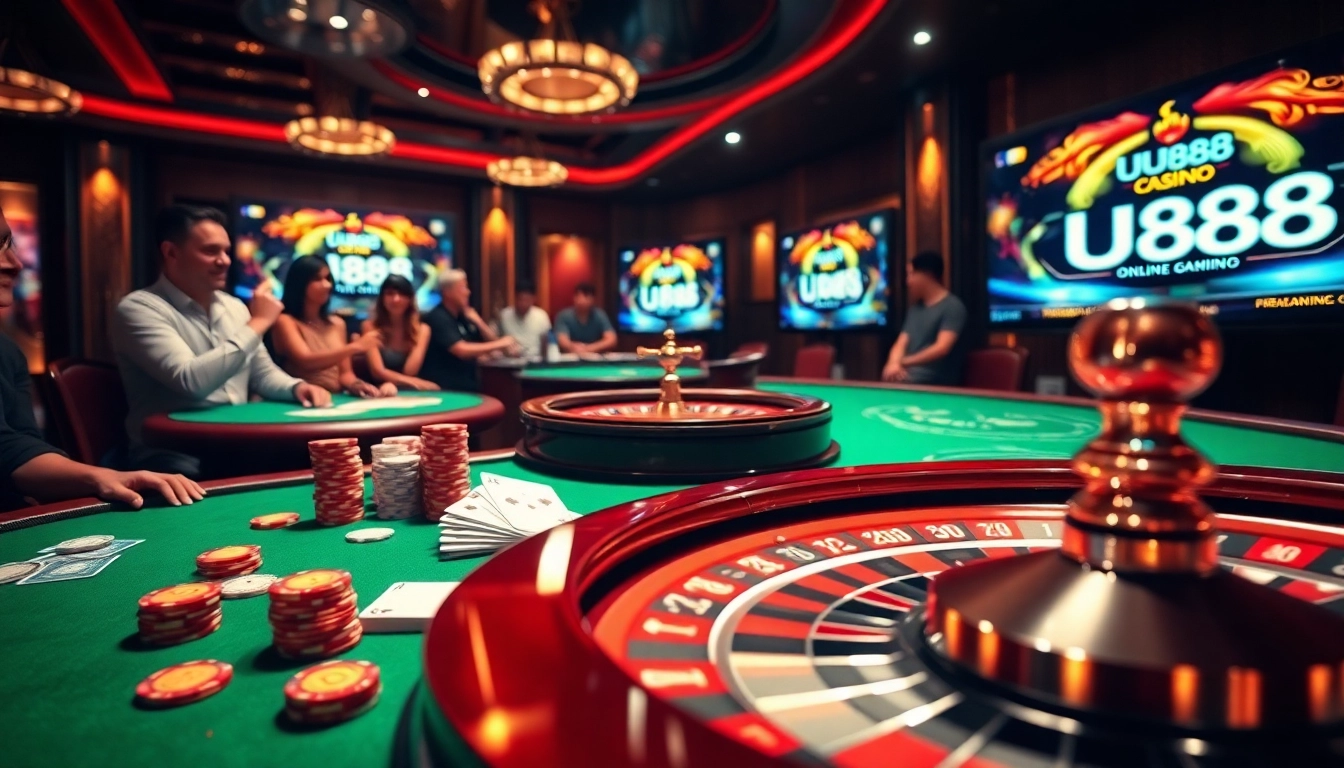 Excited gamblers enjoying a dynamic UU88 casino experience with poker chips and roulette wheel.