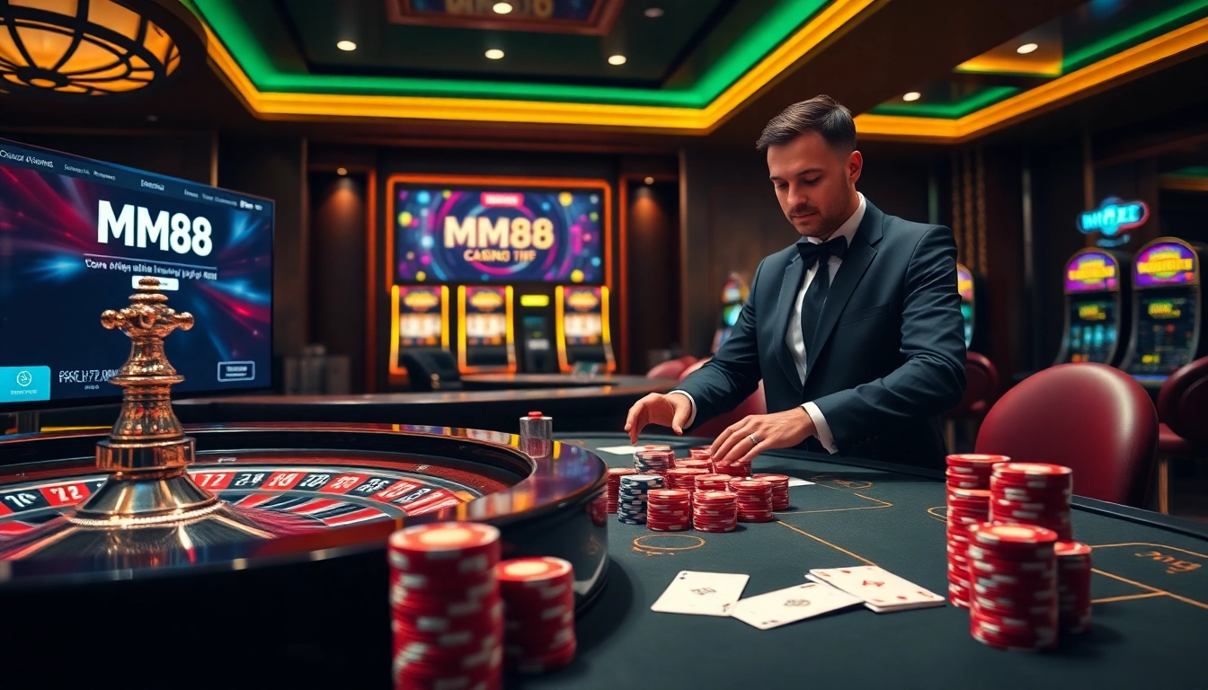 Engage in thrilling gameplay at trang chủ mm88 with luxury casino tables and vibrant slot machines.