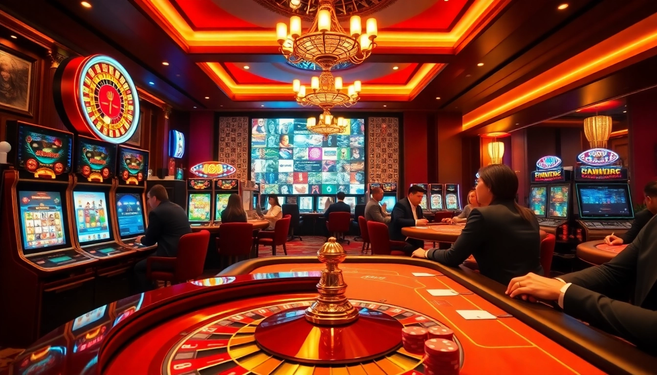 Action-packed casino scene with players enjoying uu88 games, featuring roulette, slots, and poker.