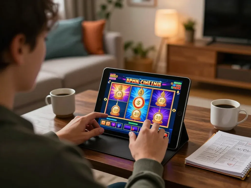 Engaging scene of a player enjoying เล่นzood24 slots on a tablet in a cozy home setting, highlighting strategic gaming atmosphere.