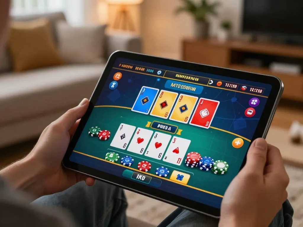 Player immersed in an online blackjack game on alexis77 tablet, showcasing strategic casino action
