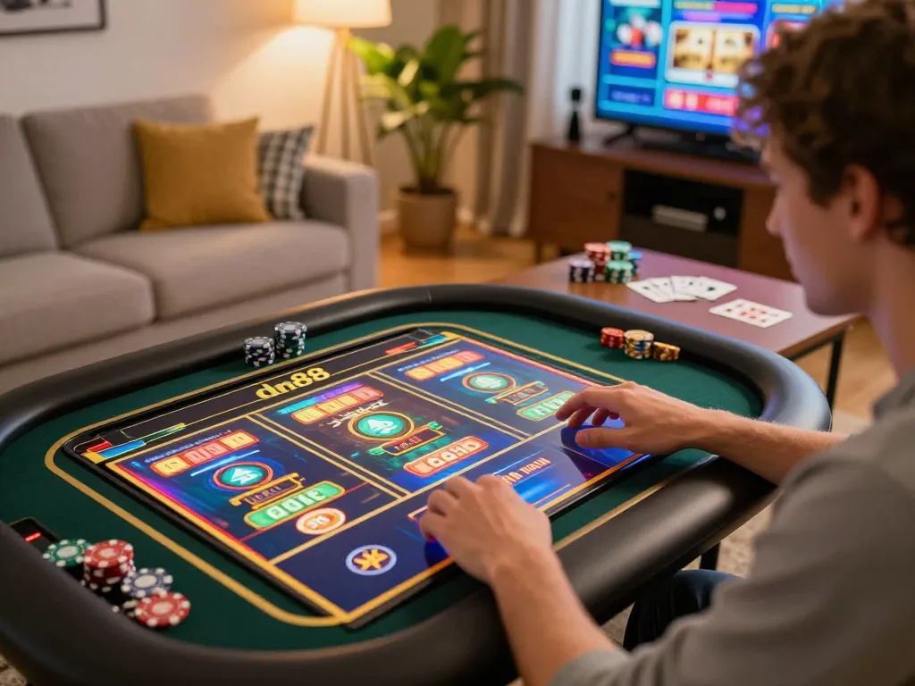 Player enjoying online slot games at dn88 on a tablet in cozy home setting
