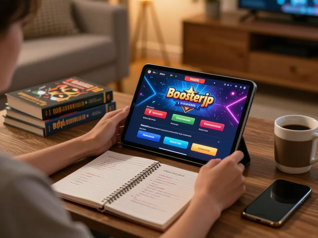 Engaging with the boosterjp casino app on a tablet in a cozy home gaming setup.
