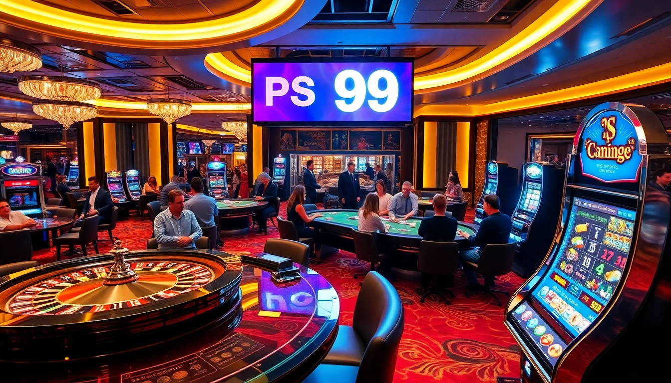 Players enjoying games at PS 99 casino, with roulette, blackjack, and vibrant slot machines.