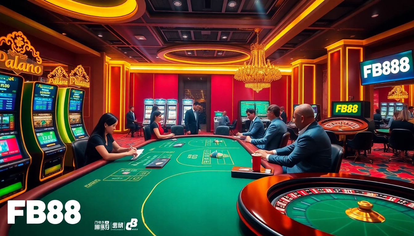 Experience thrilling gameplay at FB88's casino with players at the poker table and bright slot machines.