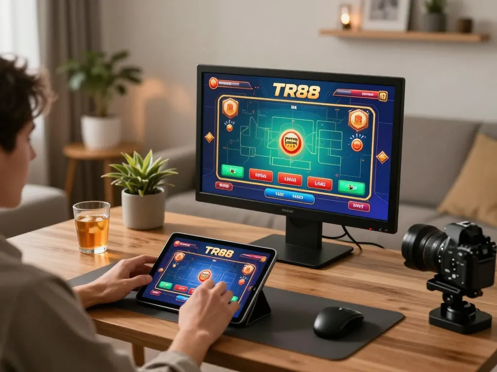 Player engaging with TR88 online casino on tablet in a stylish home office.