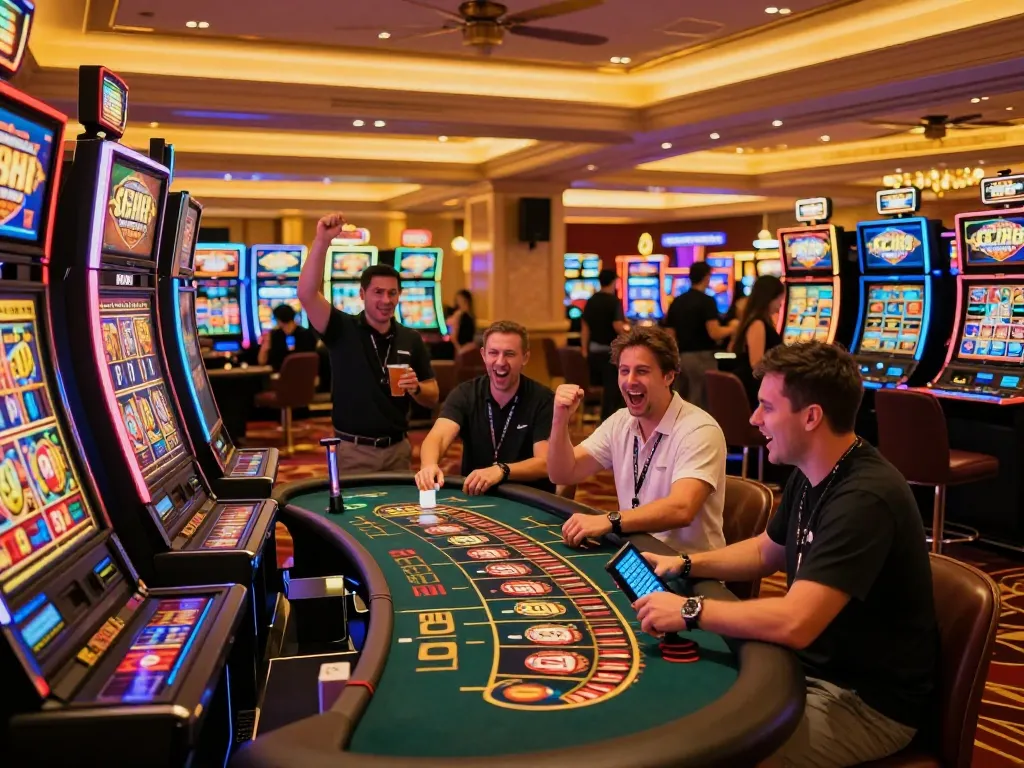 Players celebrating big wins at SC88 casino, vibrant slot machines in the background illuminated by golden lights.