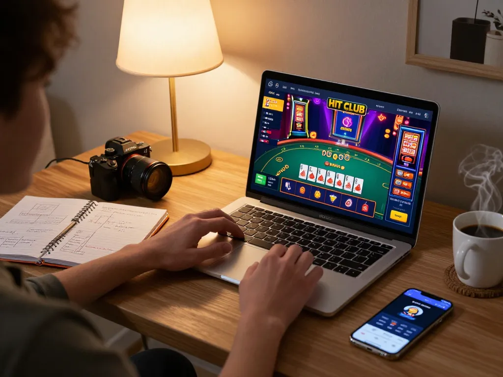 Engaging in HIT CLUB gameplay on a laptop with vibrant casino graphics.