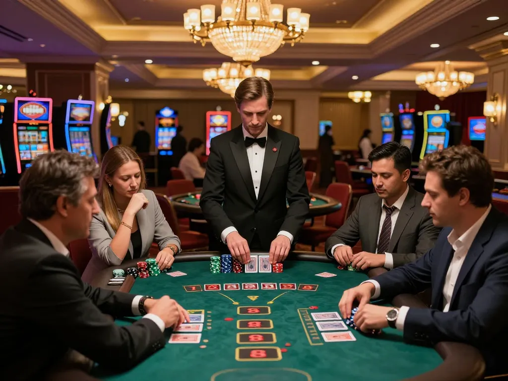 DABET players strategizing at an upscale blackjack table in a vibrant casino atmosphere.