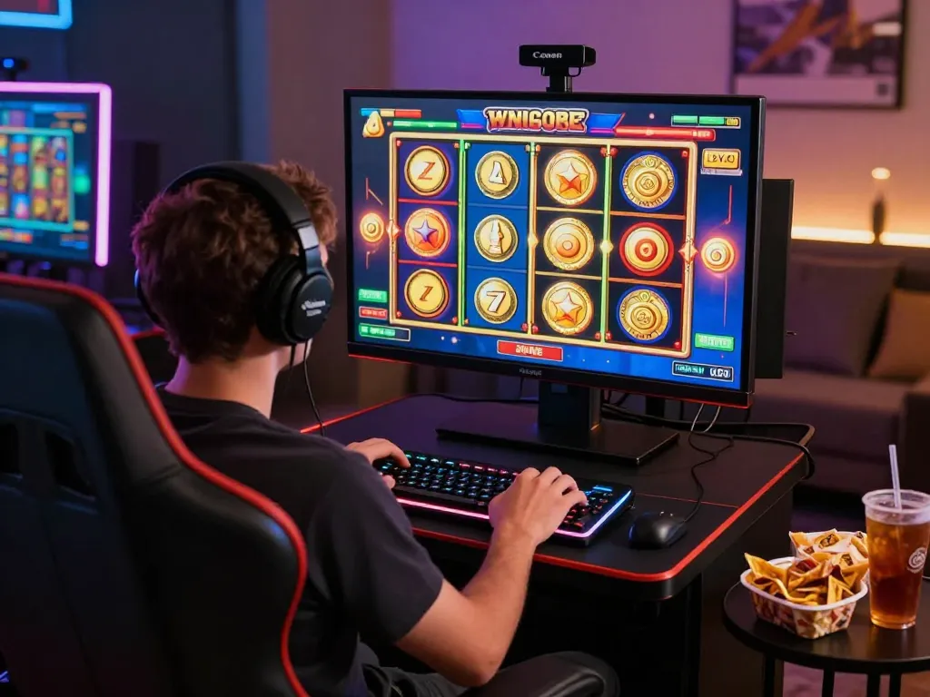 situs gacor gaming experience at home with vibrant slot visuals and snacks