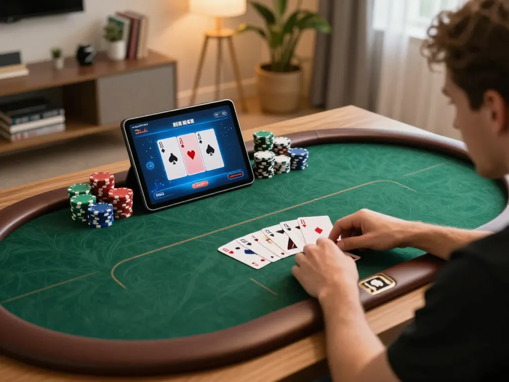 Player engaging in an exciting poker game on sc88-bm app in a cozy home setting.