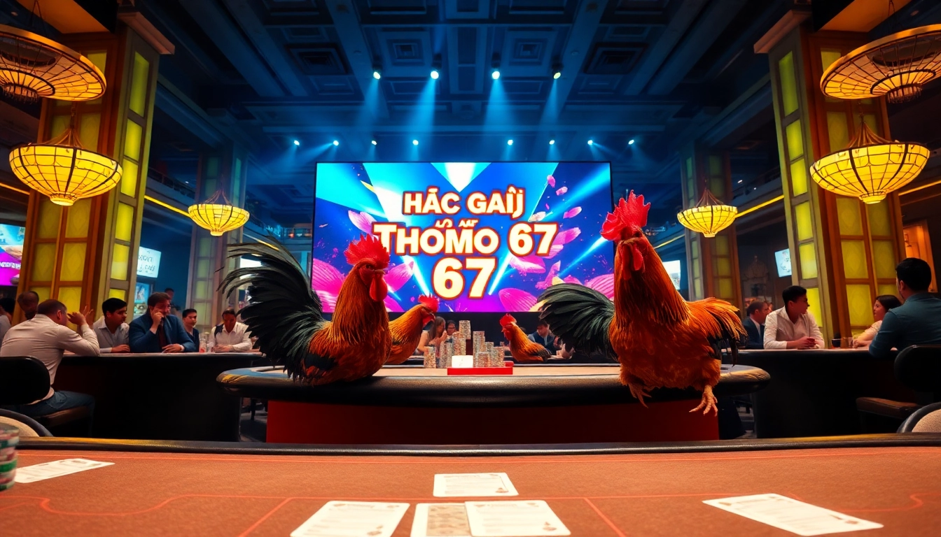 Experience the excitement of đá gà thomo 67 with live betting visuals in a vibrant casino atmosphere.