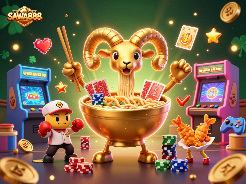 SAWA888 showcases a vibrant 3D digital illustration of a golden ramen bowl character dealing cards in a lively casino atmosphere.