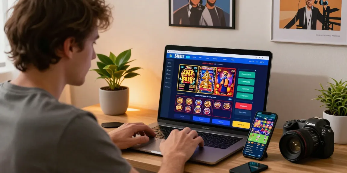 User actively enjoying SHBET online gambling at home with vibrant casino games on screen.