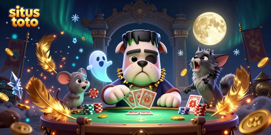 situs toto showcases a vibrant, mystical casino scene with unique characters engaged in exciting gaming