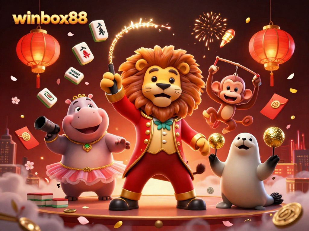 Engage in thrilling wins with winbox88 featuring lively casino characters in a dynamic digital illustration.
