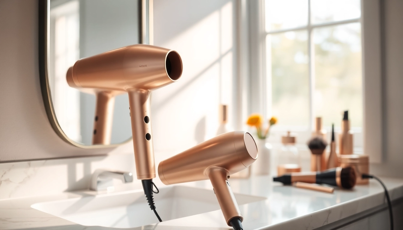 Styling with Ionic hair dryer on a stylish bathroom countertop featuring beauty products.